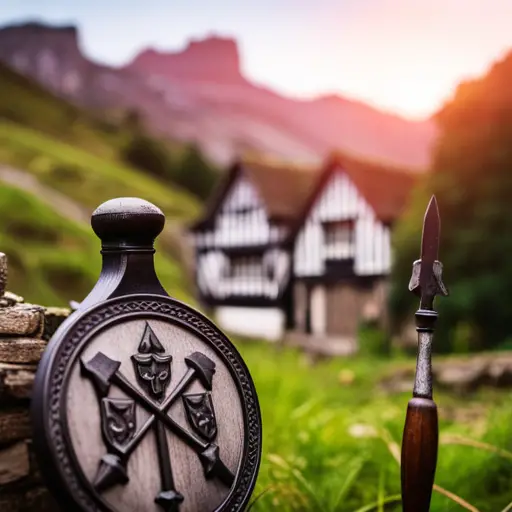 Ate a medieval Irish village with a family crest featuring two laurel branches on a shield, a castle in the background, and a smith forging a tool beside a grazing sheep